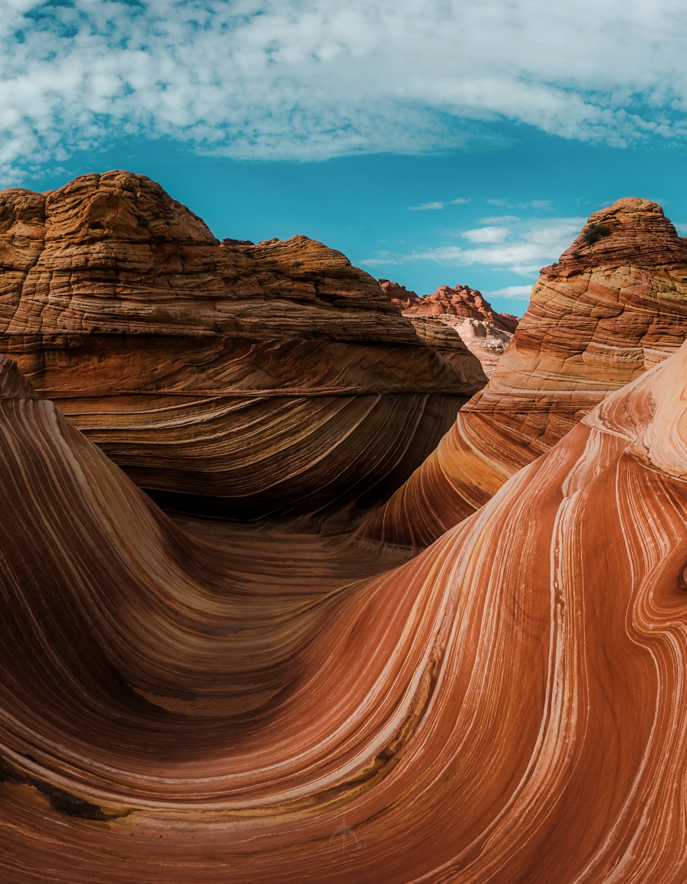 Sculpted sandstone formations in the desert beneath a blue sky